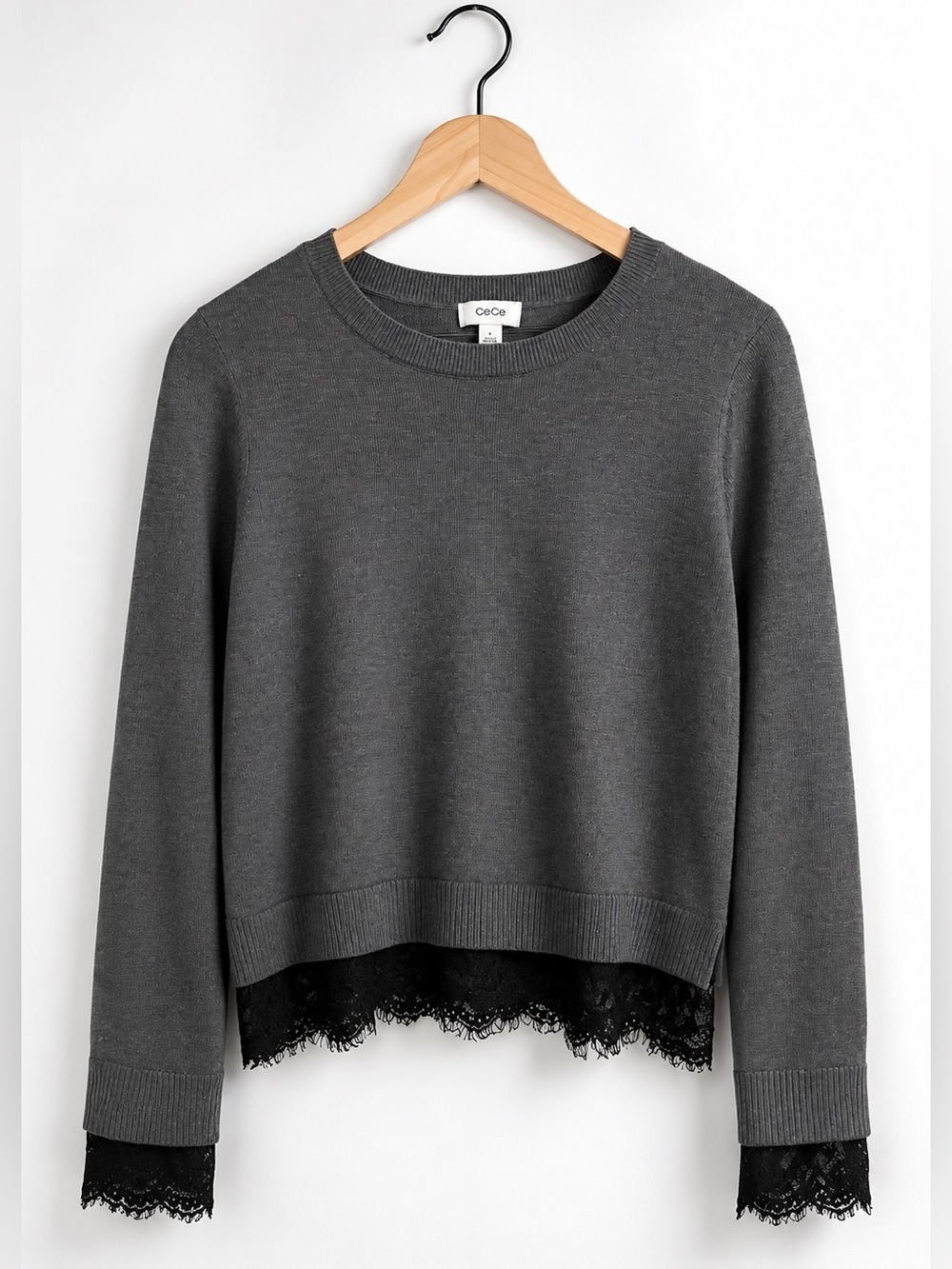 CeCe Charcoal Gray Pullover with Black Lace Trim (325)